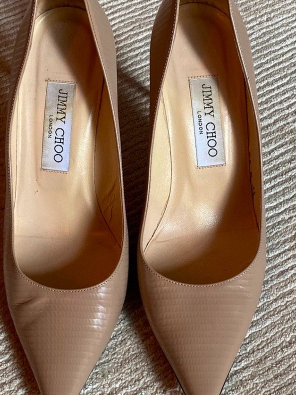 Jimmy Choo Love 85 Textured Leather Nude Tan Pumps Closed Toe Heels - Picture 3 of 8